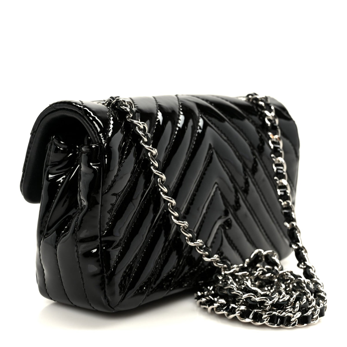 Patent Calfskin Chevron Quilted Extra Mini Flap Black