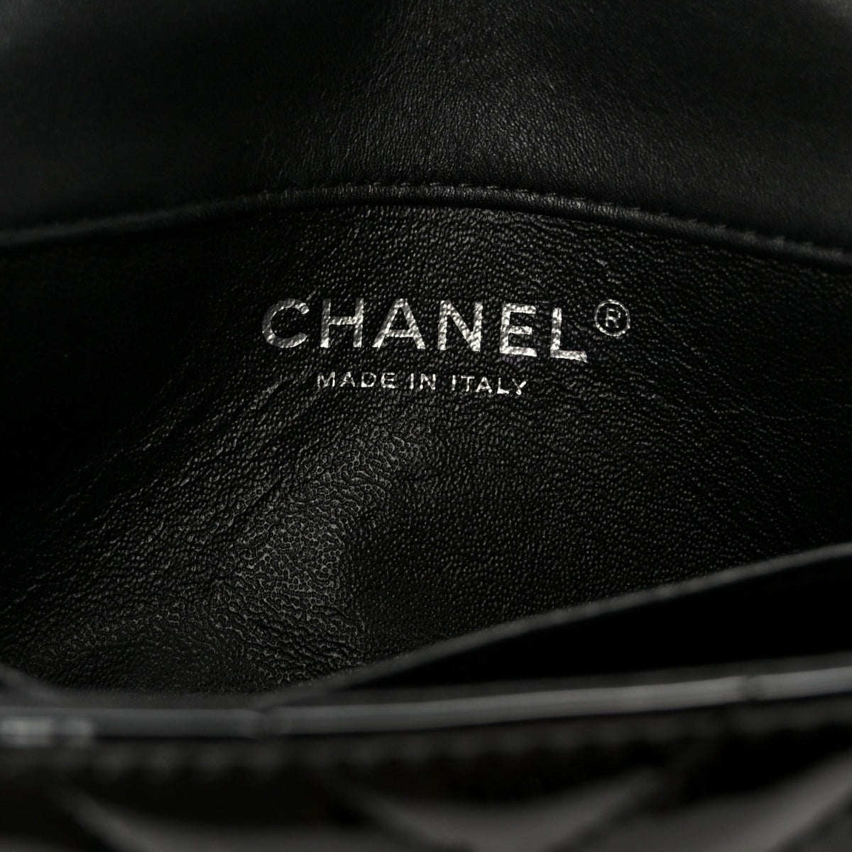 Patent Calfskin Chevron Quilted Extra Mini Flap Black