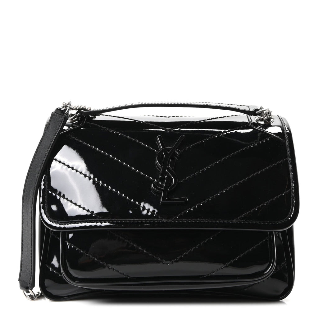 Patent Calfskin Matelasse Monogram Baby Niki Chain Satchel Black