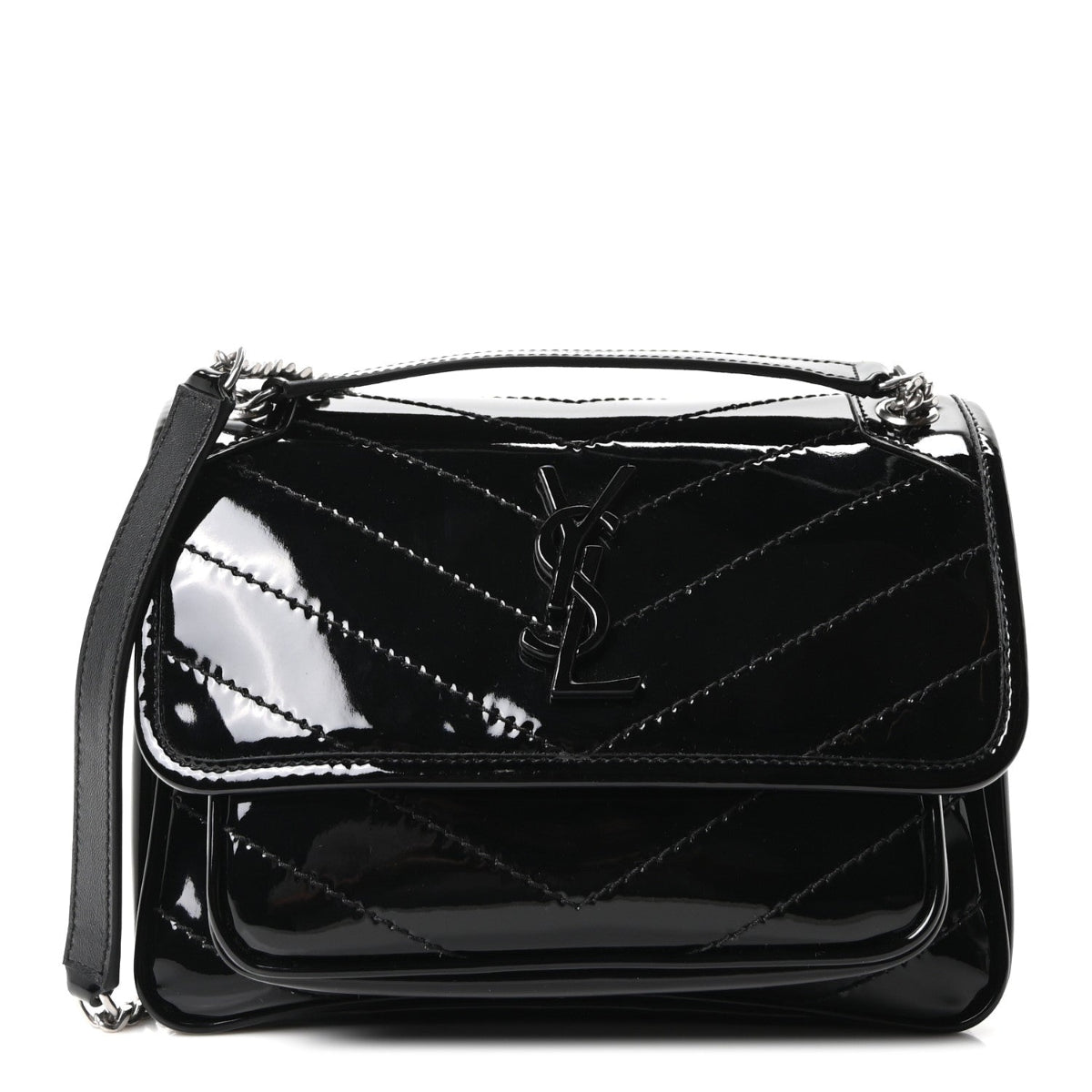 Patent Calfskin Matelasse Monogram Baby Niki Chain Satchel Black