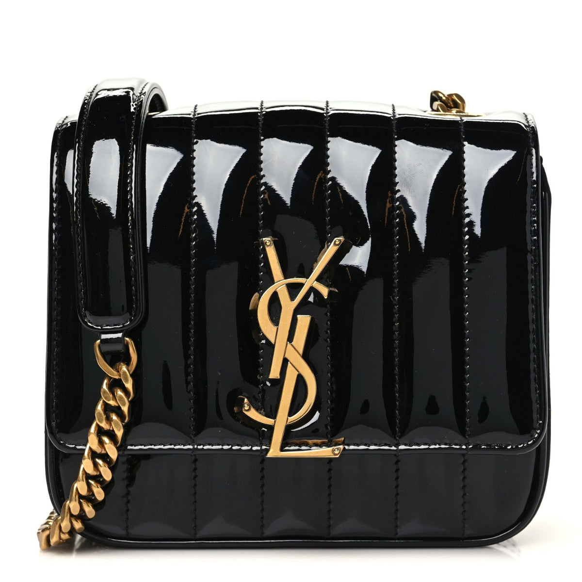 Patent Calfskin Matelasse Monogram Small Vicky Chain Bag Black