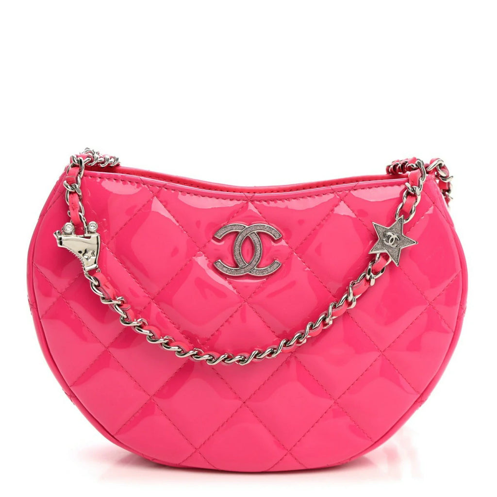 Patent Calfskin Quilted Enamel CC Charms Hobo Pink