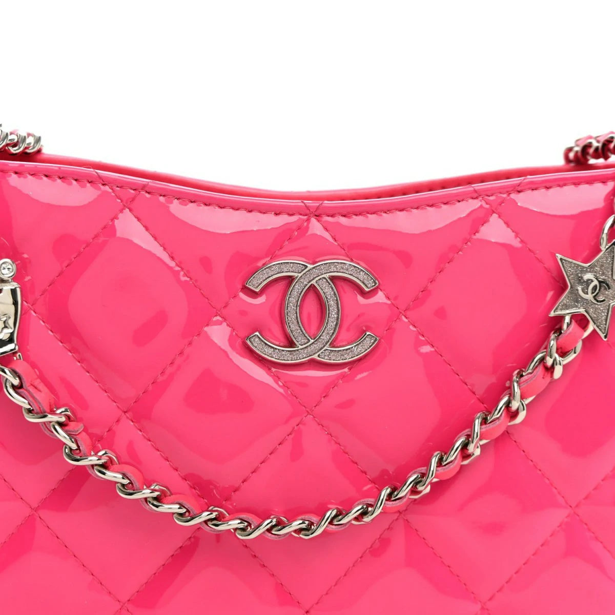 Patent Calfskin Quilted Enamel CC Charms Hobo Pink