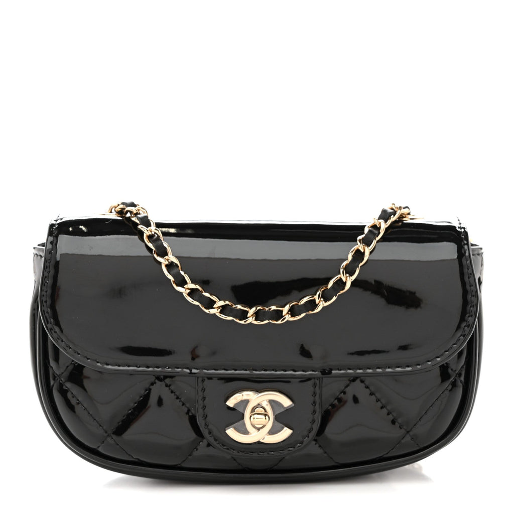 Patent Calfskin Quilted Mini Clutch Black