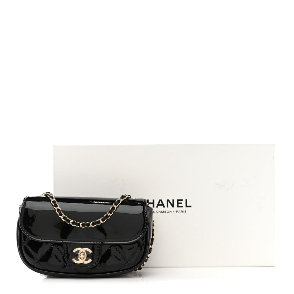 Patent Calfskin Quilted Mini Clutch Black
