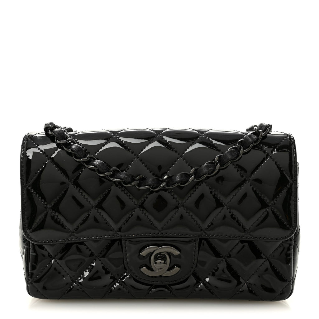 Patent Calfskin Quilted Mini Rectangular Flap So Black