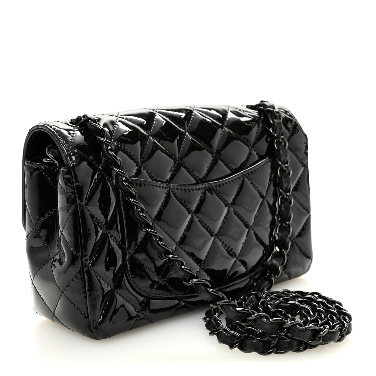 Patent Calfskin Quilted Mini Rectangular Flap So Black