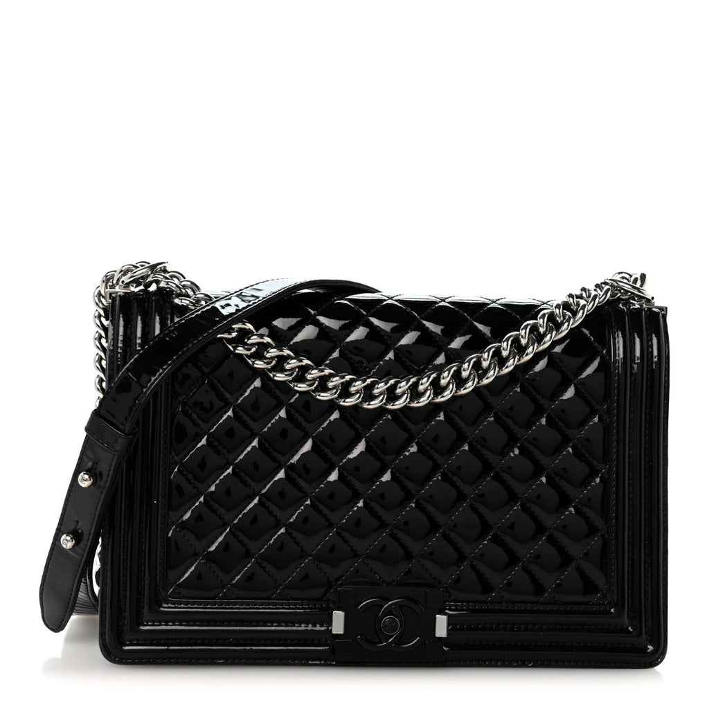 Patent Calfskin Quilted New Medium Plexiglass Boy Flap Black