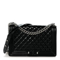 Patent Calfskin Quilted New Medium Plexiglass Boy Flap Black