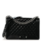 Patent Calfskin Quilted New Medium Plexiglass Boy Flap Black