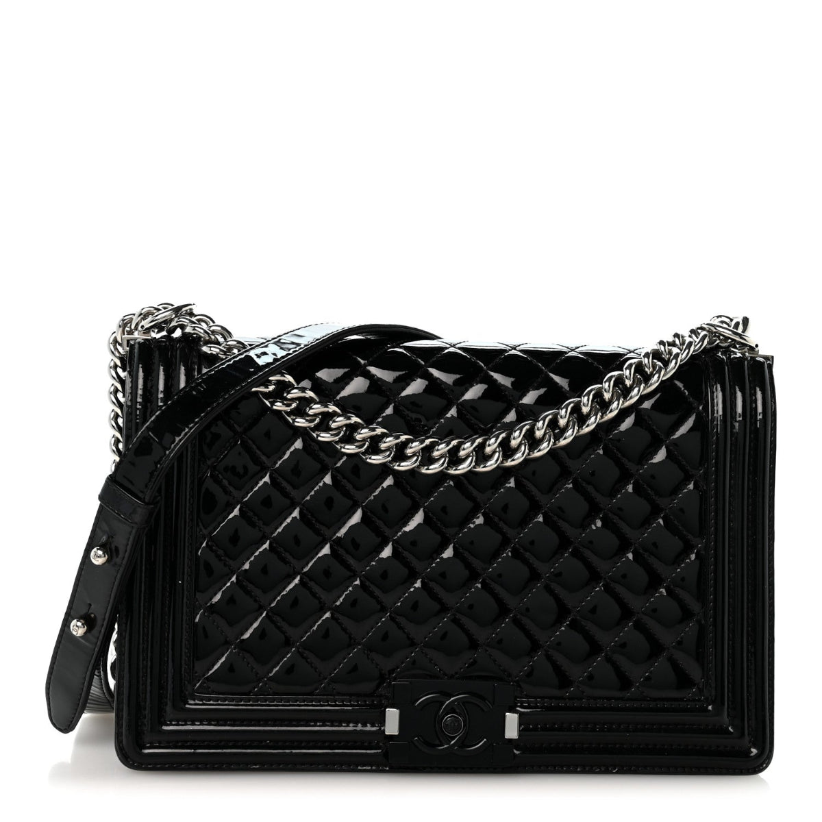 Patent Calfskin Quilted New Medium Plexiglass Boy Flap Black