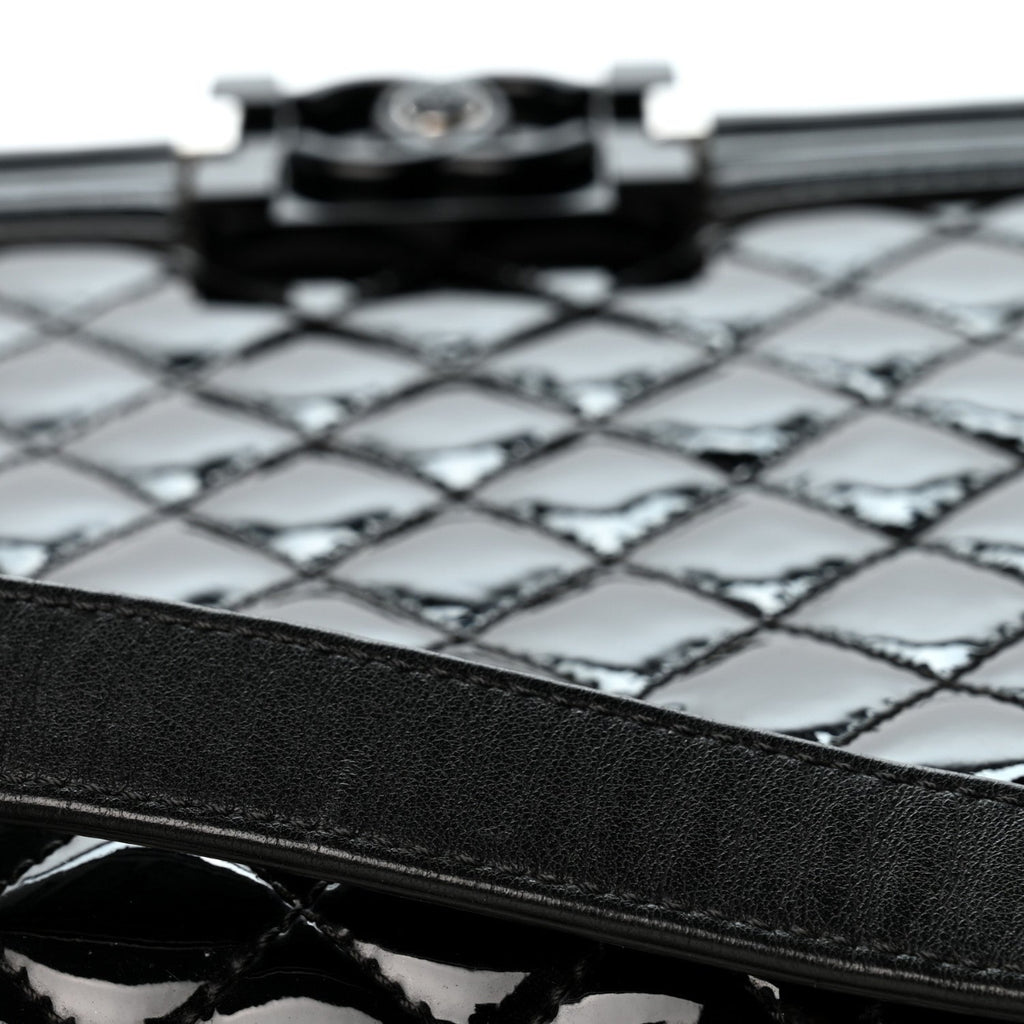 Patent Calfskin Quilted New Medium Plexiglass Boy Flap Black