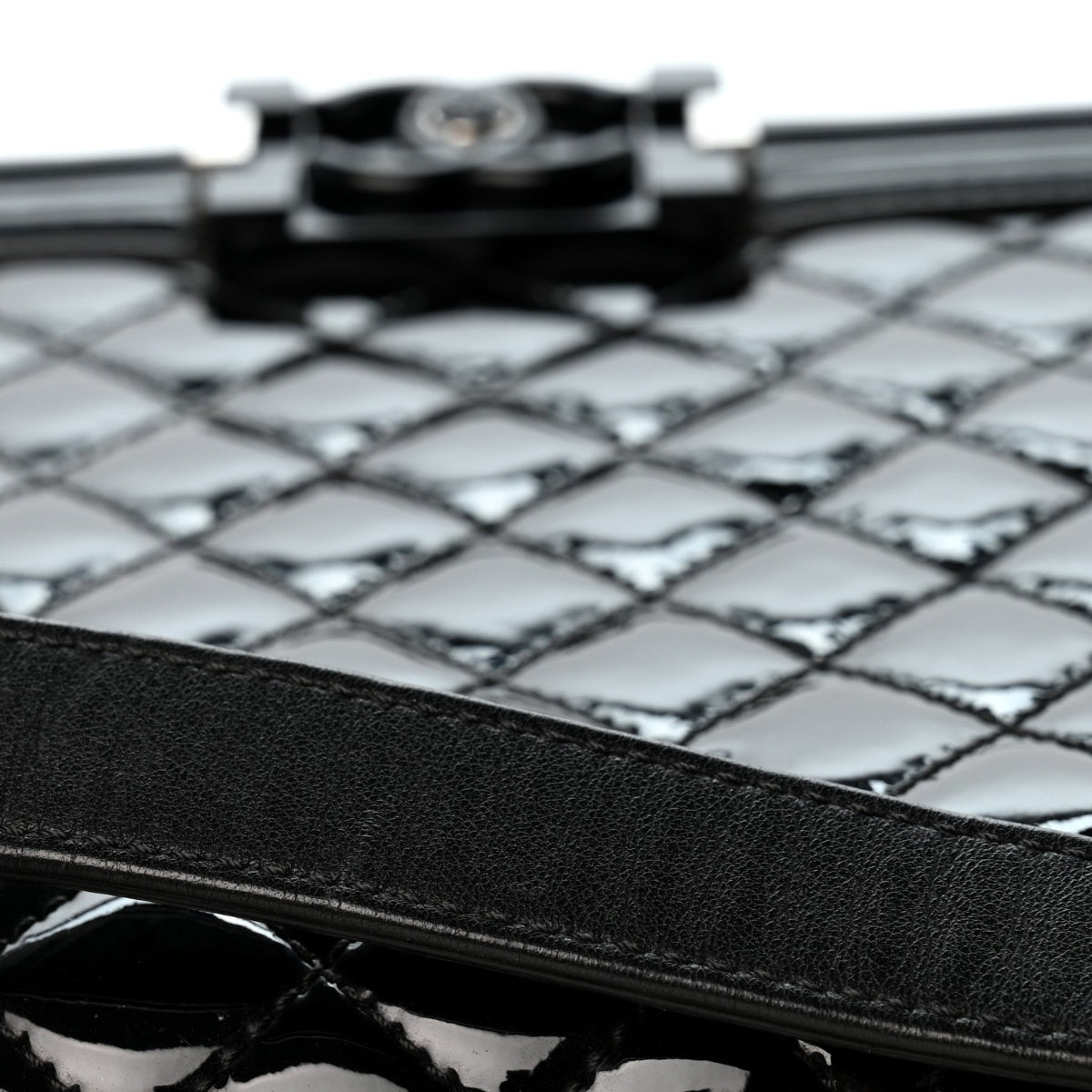 Patent Calfskin Quilted New Medium Plexiglass Boy Flap Black