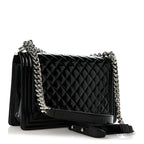 Patent Calfskin Quilted New Medium Plexiglass Boy Flap Black