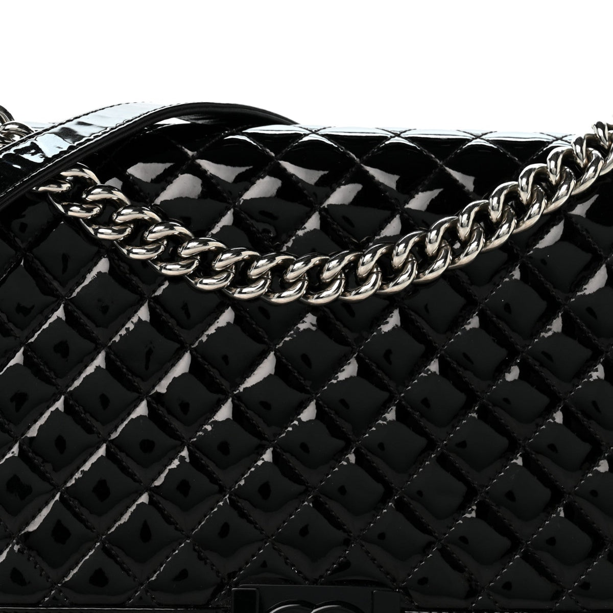 Patent Calfskin Quilted New Medium Plexiglass Boy Flap Black