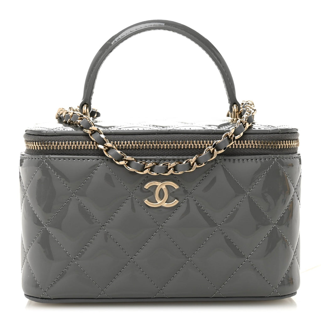 Patent Quilted Quilted Small Top Handle Vanity Case With Chain Grey