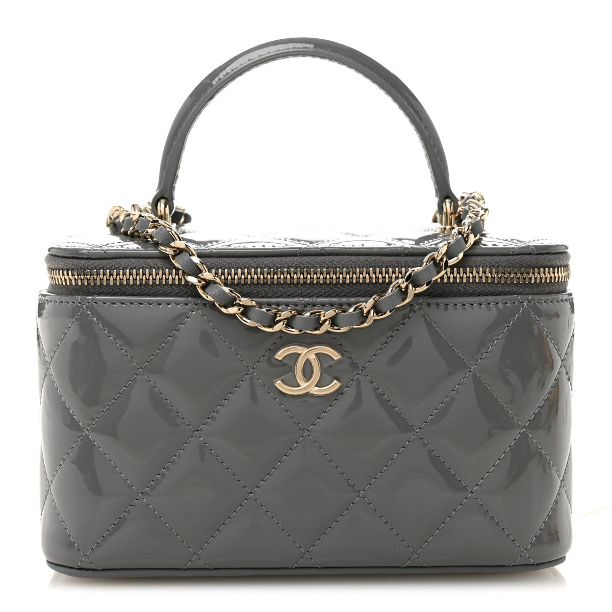 Patent Quilted Quilted Small Top Handle Vanity Case With Chain Grey