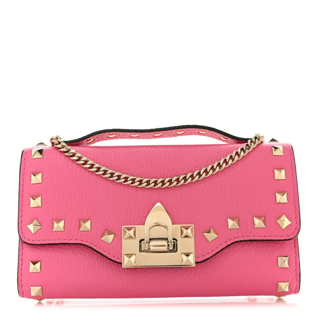 Pebbled Calfskin Rockstud Flip Lock Wallet On Chain Feminine Pink