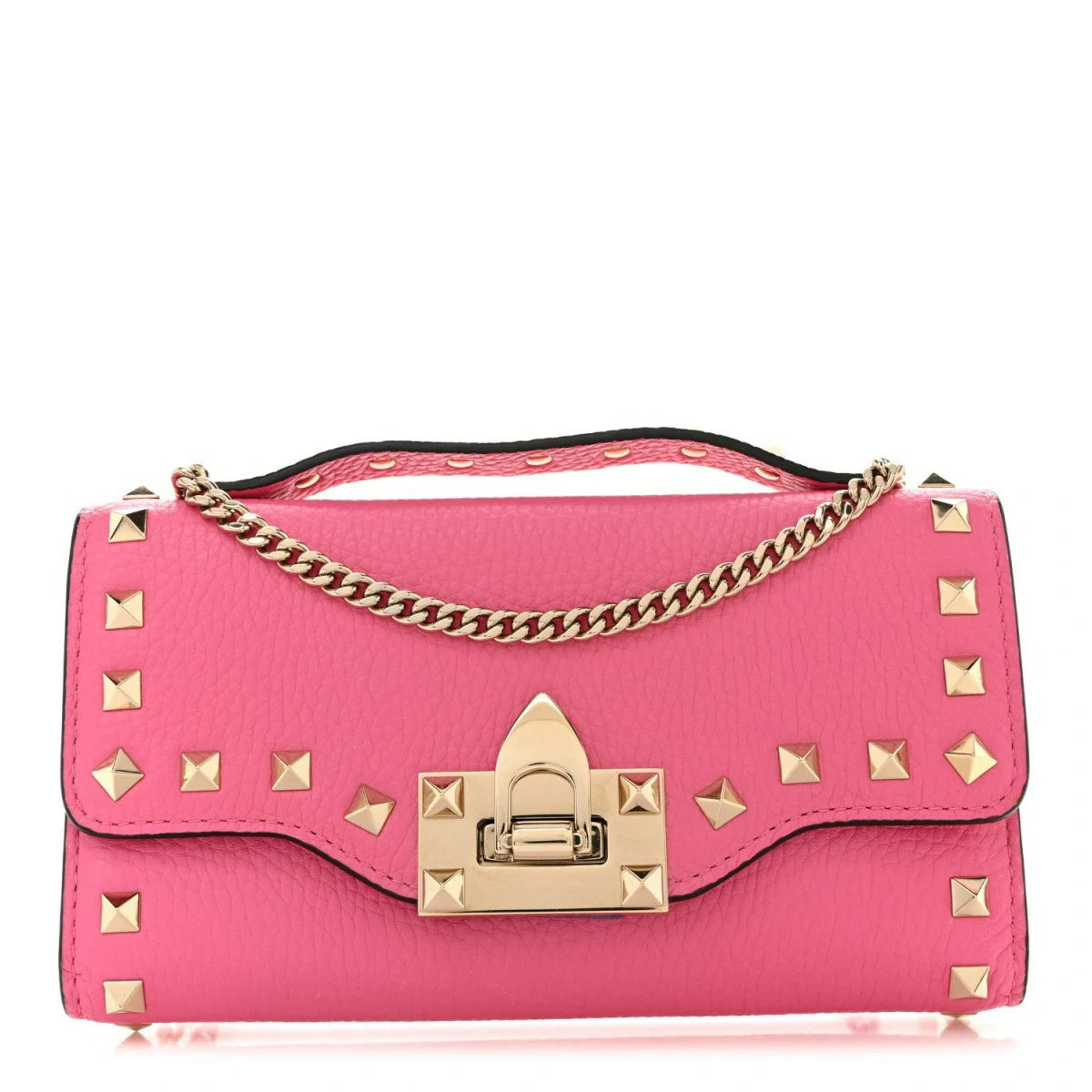 Pebbled Calfskin Rockstud Flip Lock Wallet On Chain Feminine Pink