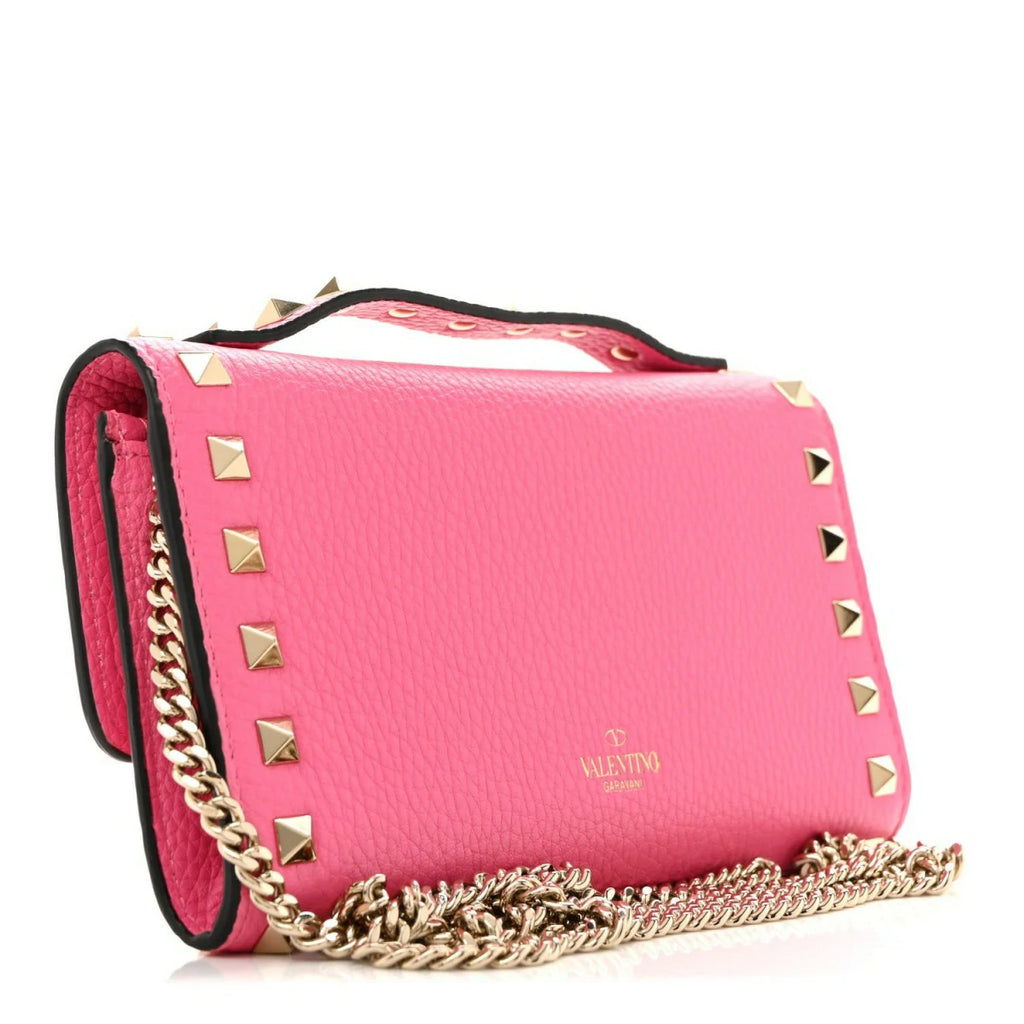 Pebbled Calfskin Rockstud Flip Lock Wallet On Chain Feminine Pink