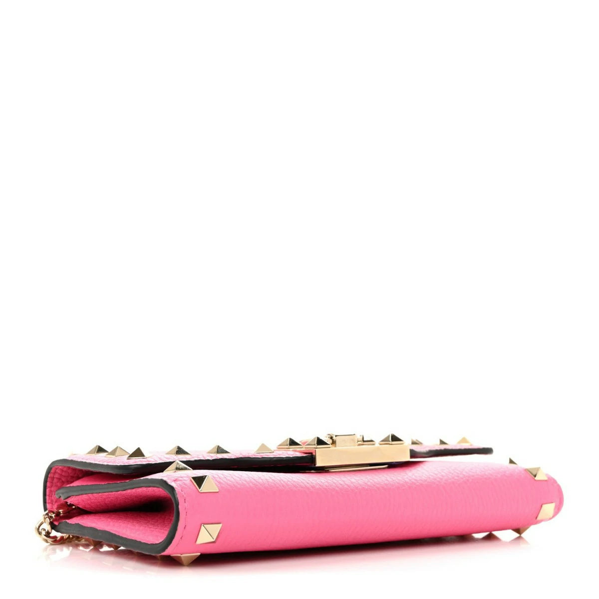 Pebbled Calfskin Rockstud Flip Lock Wallet On Chain Feminine Pink