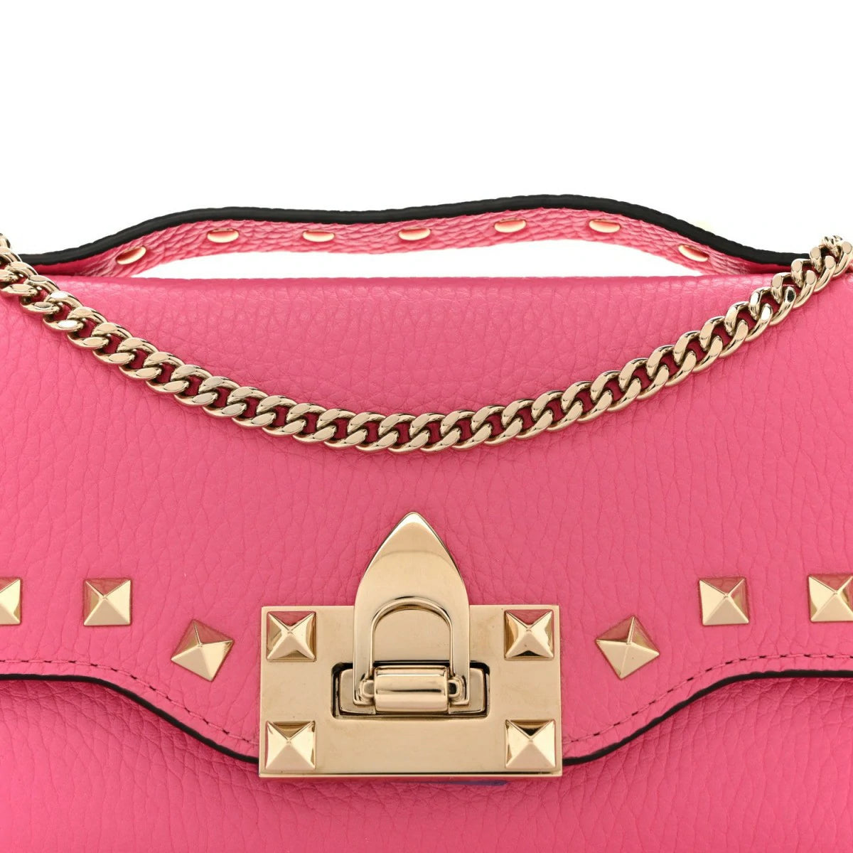 Pebbled Calfskin Rockstud Flip Lock Wallet On Chain Feminine Pink