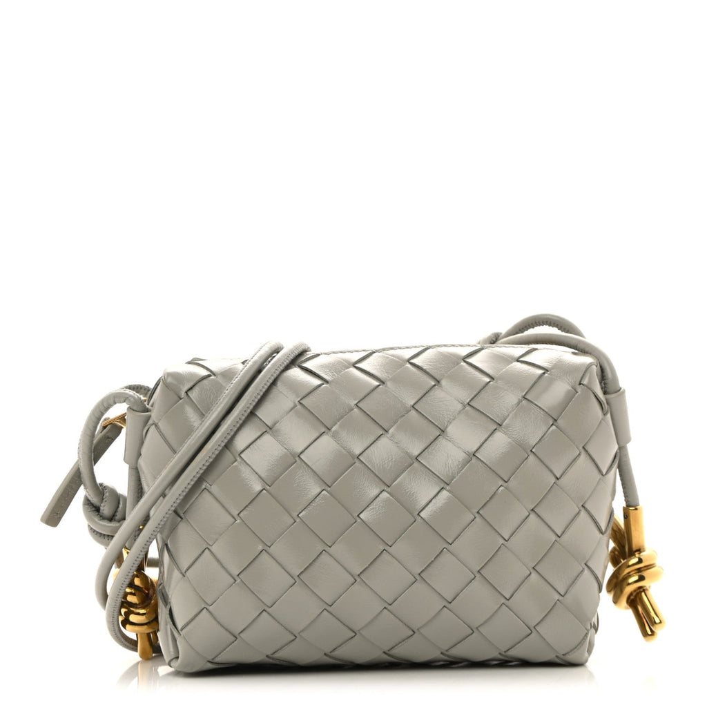 Polished Nappa Intrecciato Metallic Knot Mini Loop Camera Bag Sterling