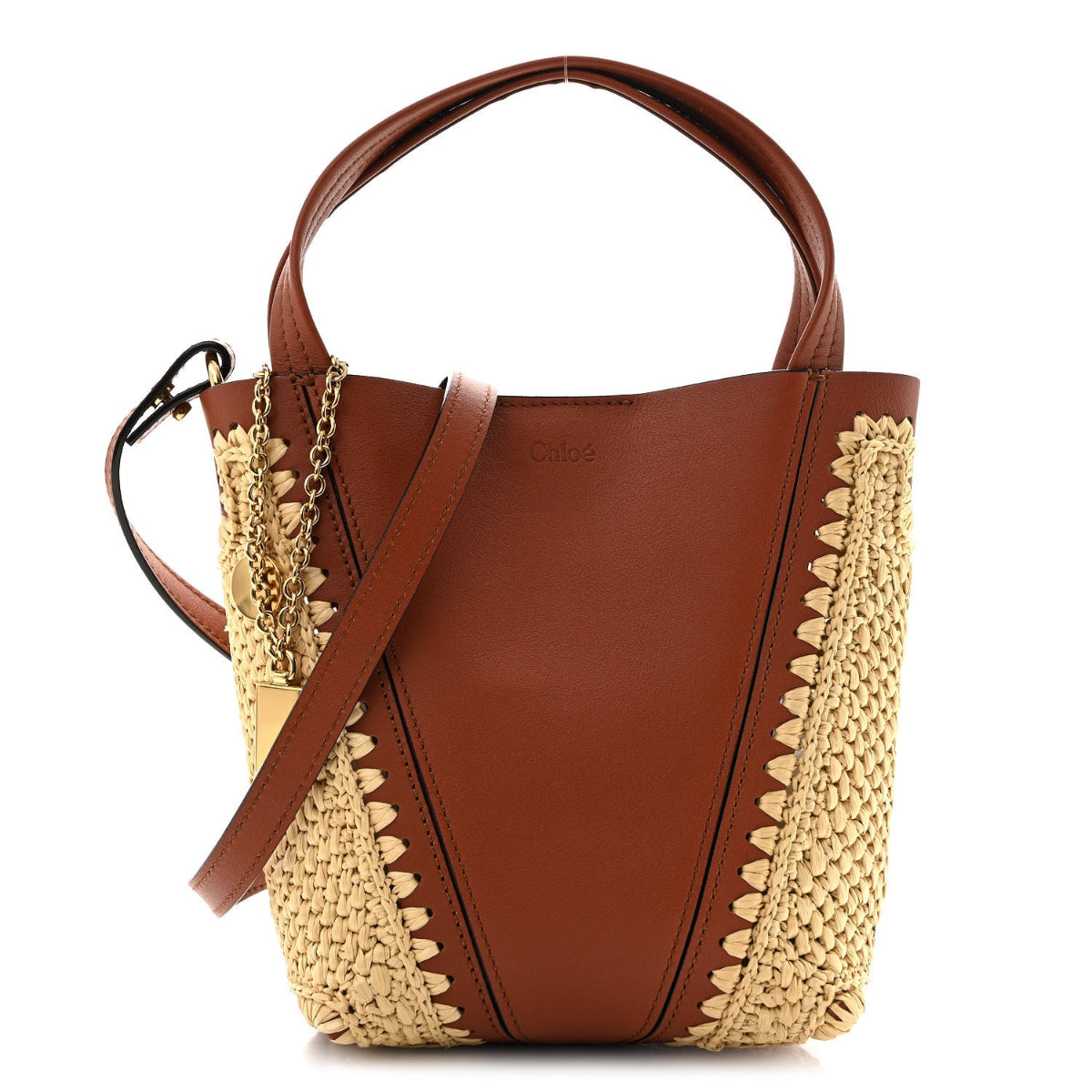 Raffia Calfskin Small Spin Tote Clay Brown