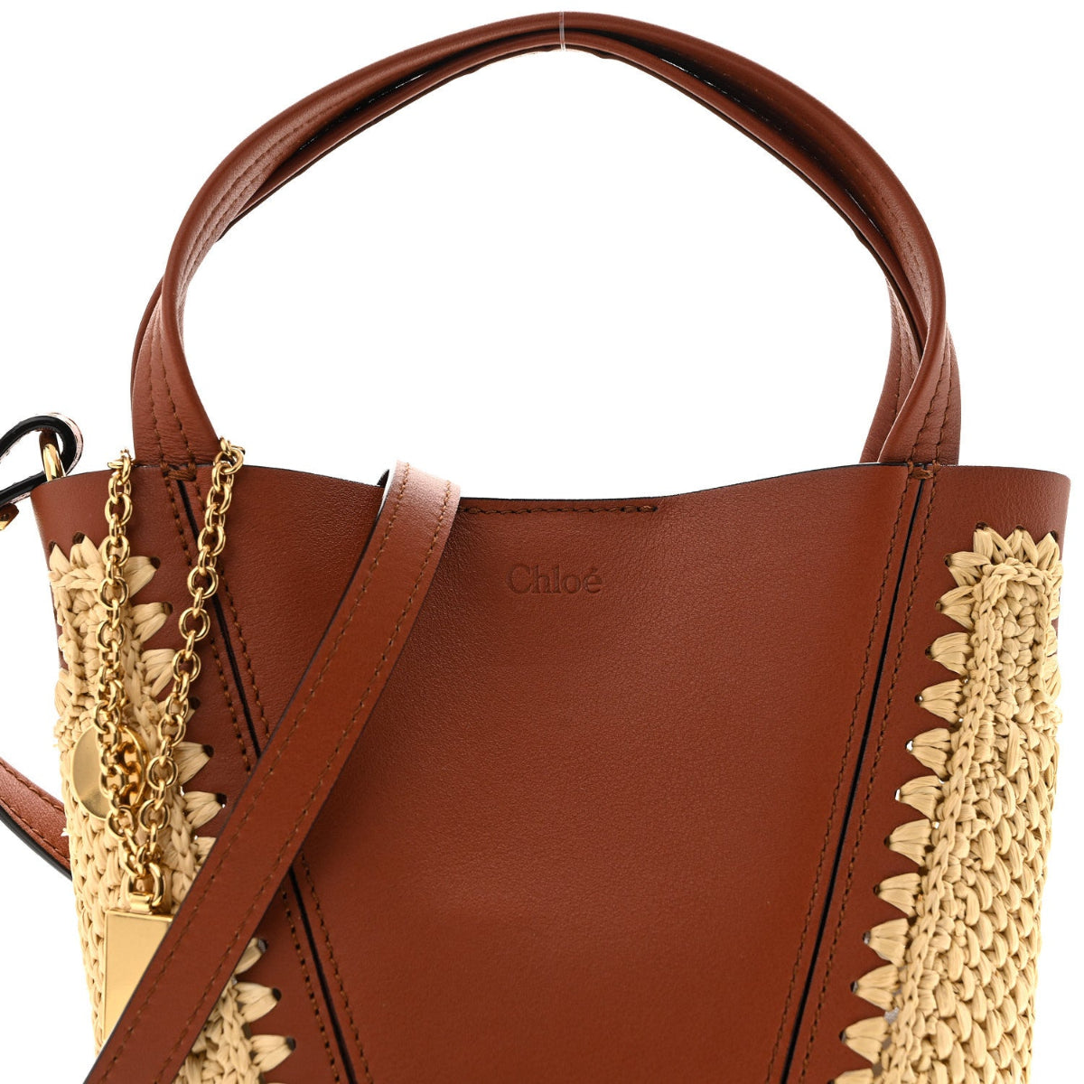 Raffia Calfskin Small Spin Tote Clay Brown