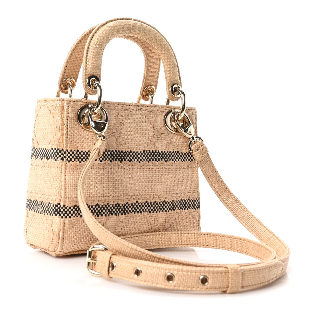 Raffia Woven Cannage Embroidered Mini Lady D-Lite Natural Black