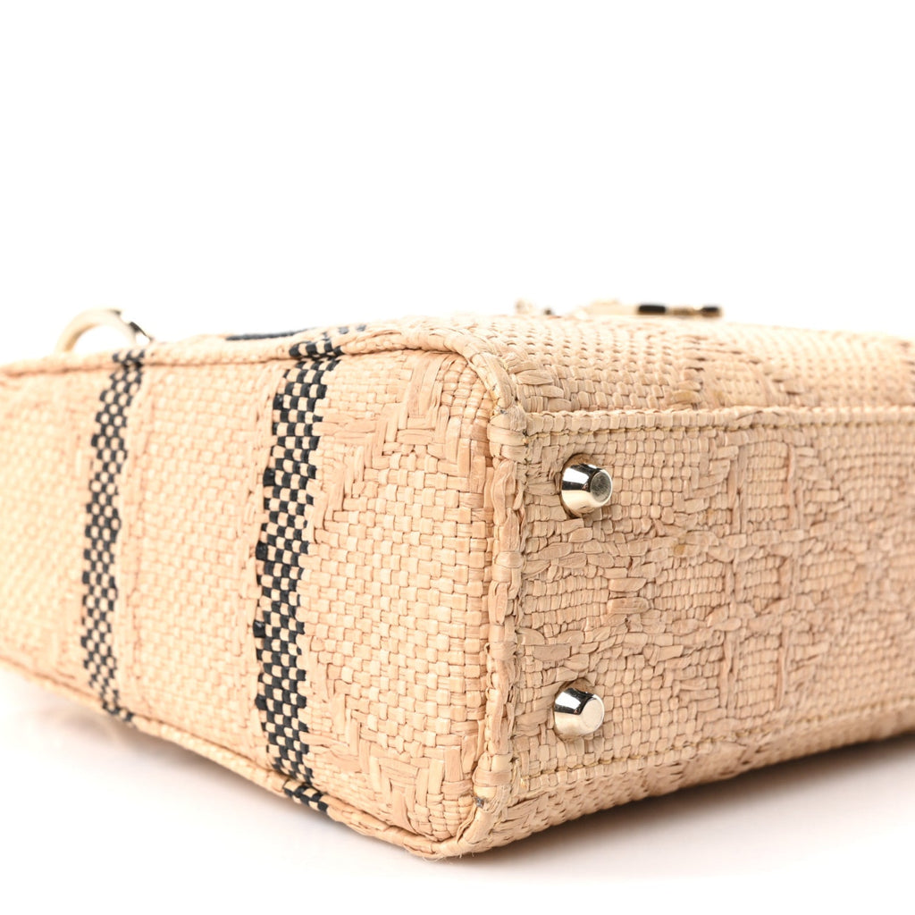 Raffia Woven Cannage Embroidered Mini Lady D-Lite Natural Black