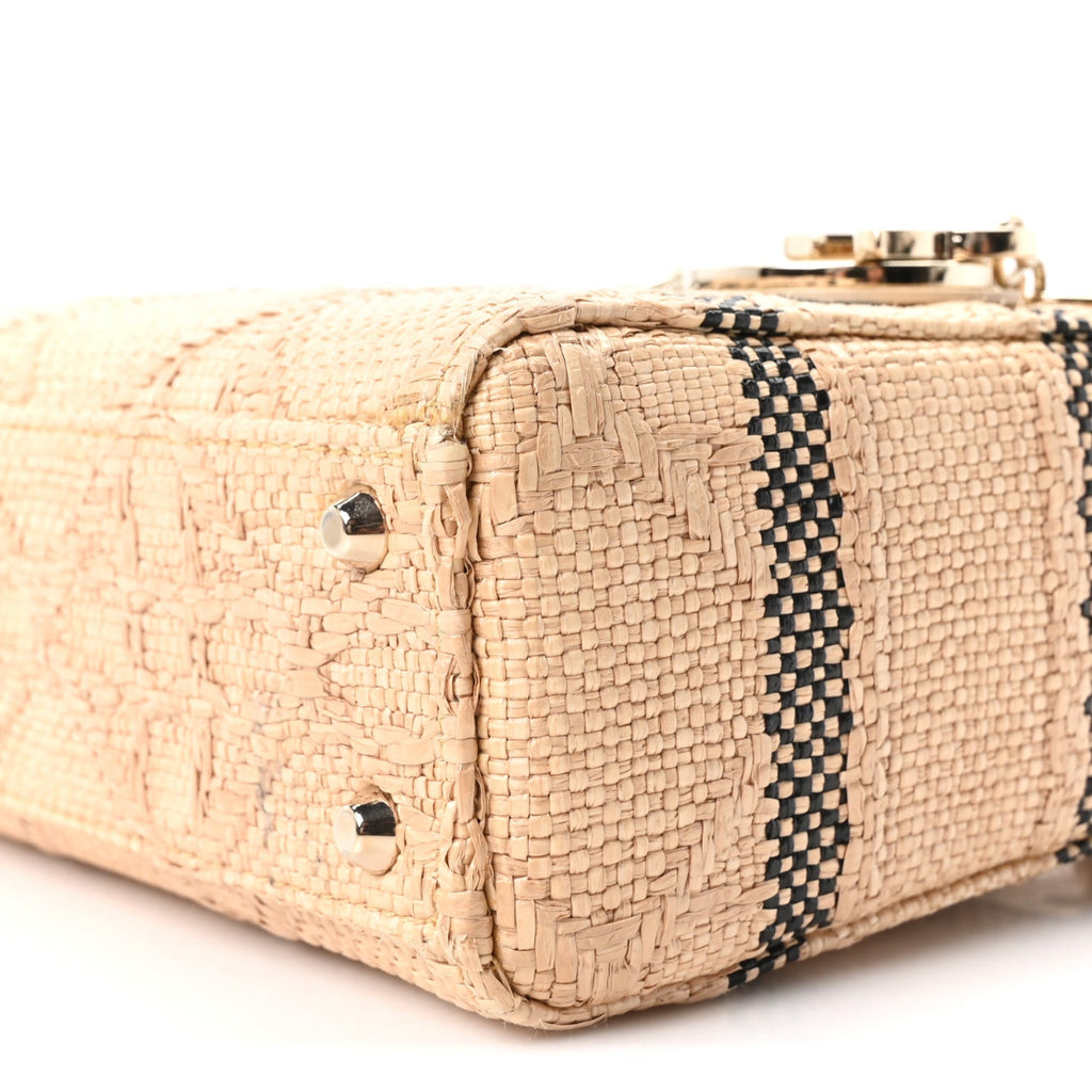Raffia Woven Cannage Embroidered Mini Lady D-Lite Natural Black