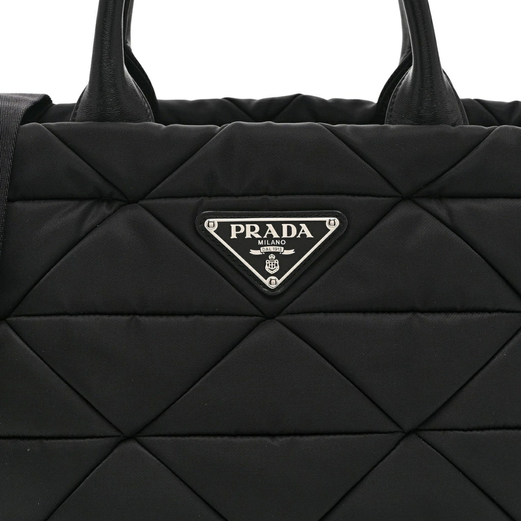Re-Nylon Nappa Triangle Quilted Padded Small Double Handled Zip Tote Black