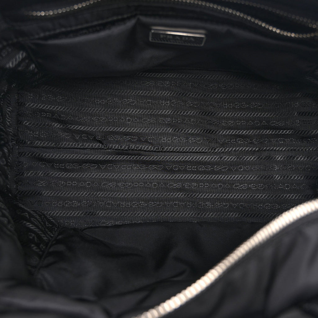 Re-Nylon Nappa Triangle Quilted Padded Small Double Handled Zip Tote Black
