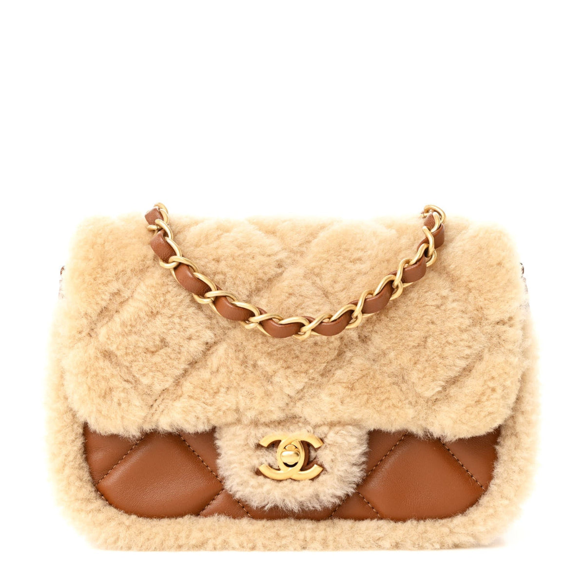 Shearling Lambskin Quilted Mini Furry Coco Flap Beige Brown