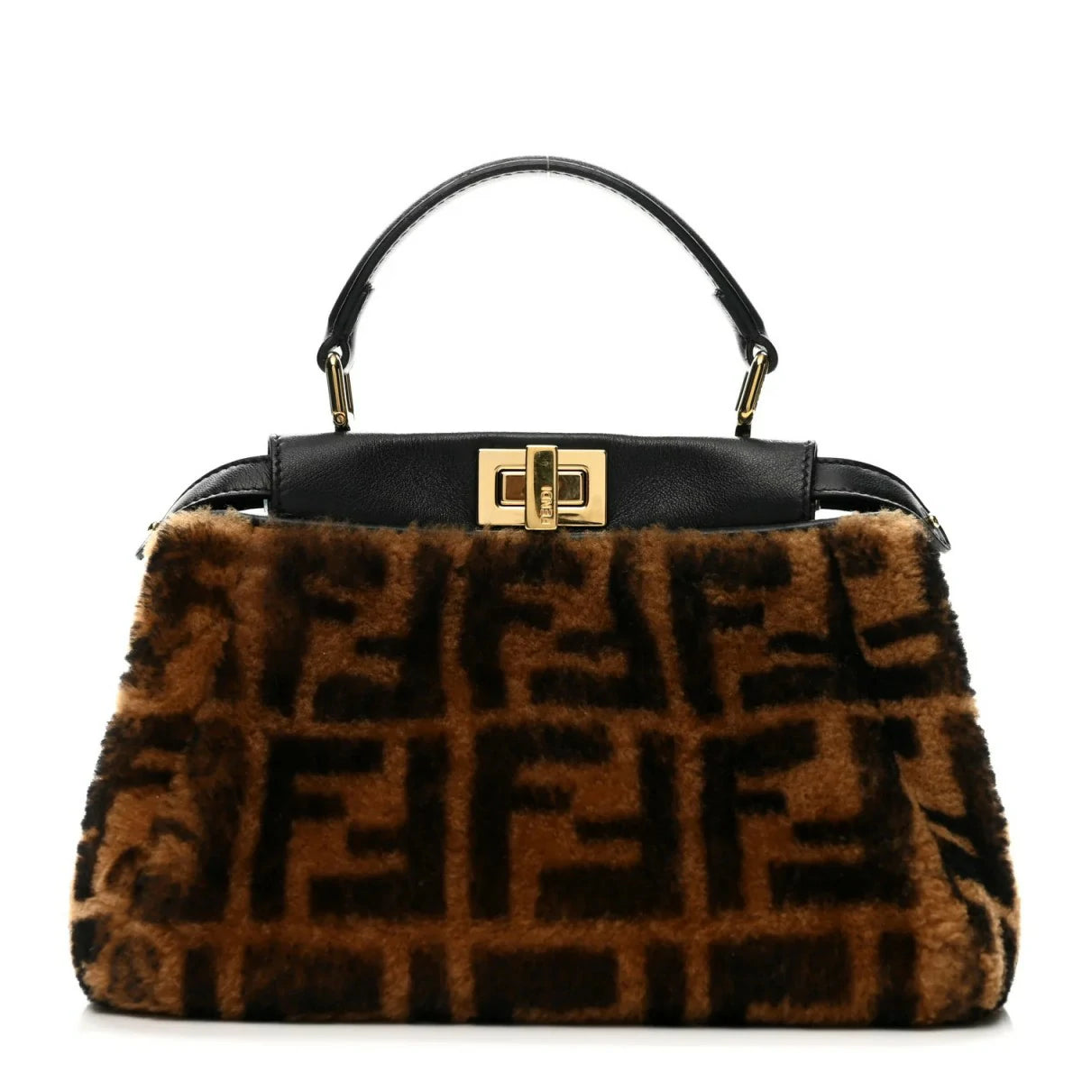 Shearling Nappa Macro FF 1975 Mini Peekaboo Iconic Satchel Tobacco Black