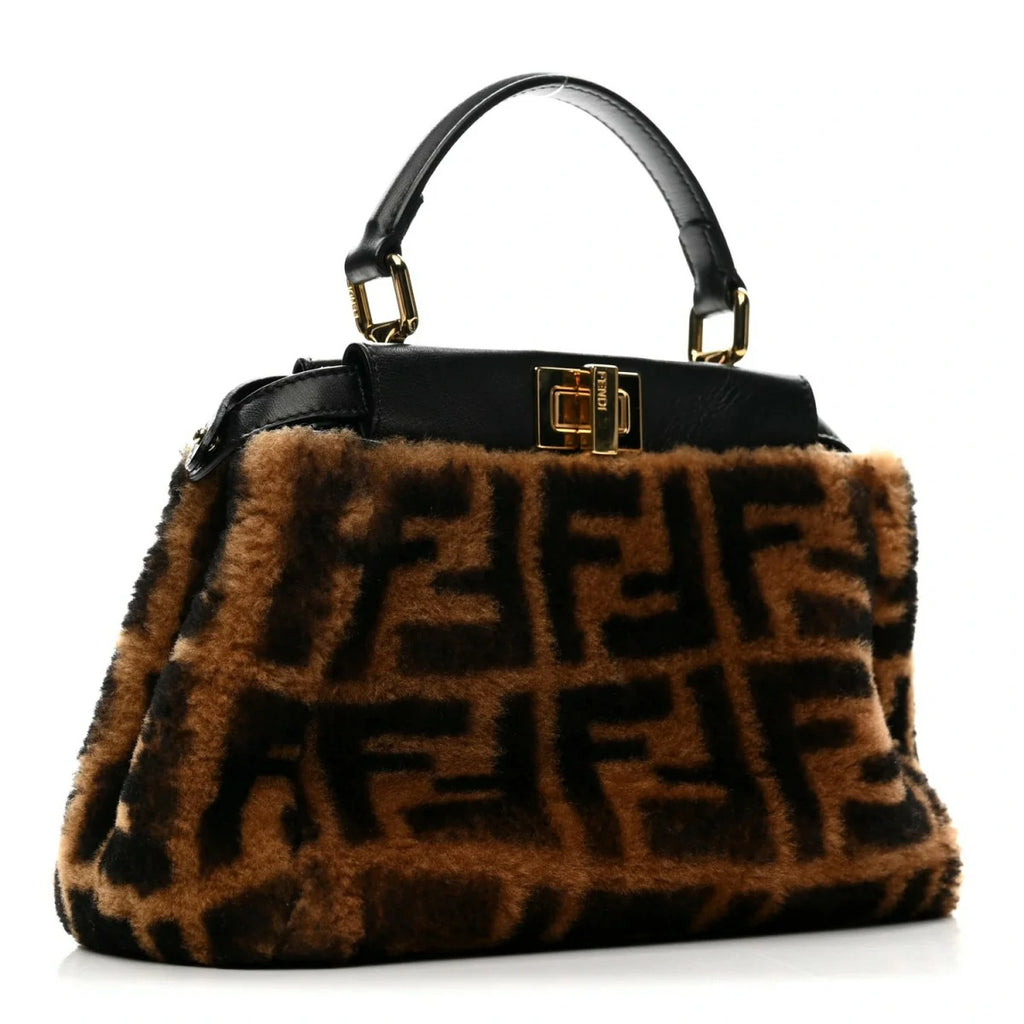 Shearling Nappa Macro FF 1975 Mini Peekaboo Iconic Satchel Tobacco Black