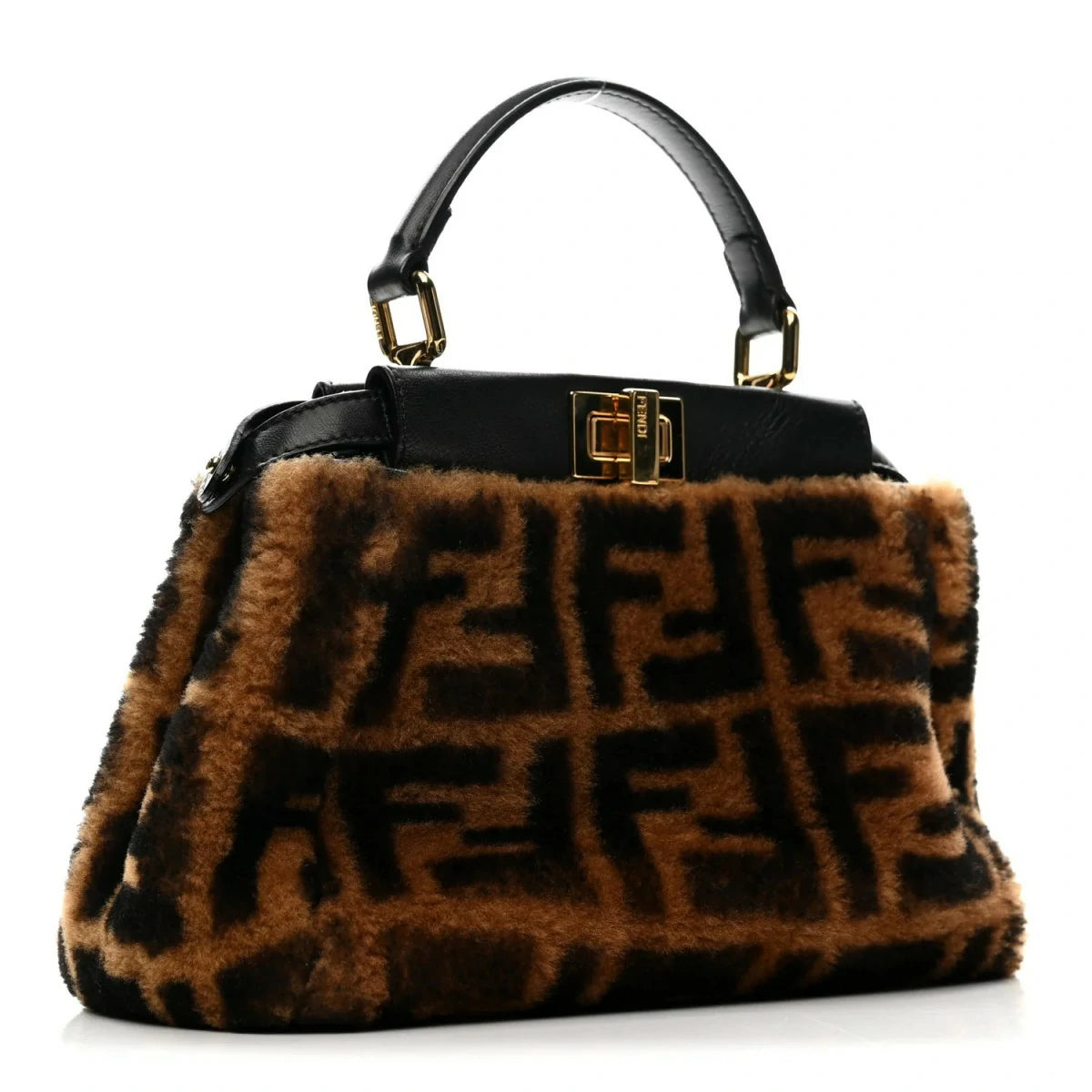 Shearling Nappa Macro FF 1975 Mini Peekaboo Iconic Satchel Tobacco Black