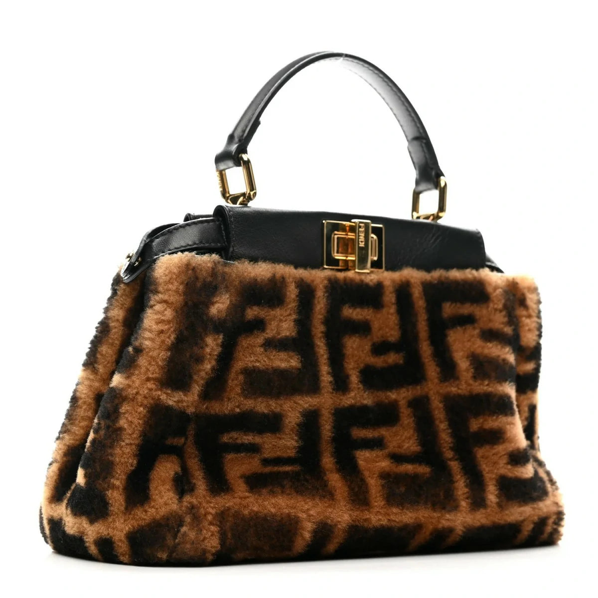 Shearling Nappa Macro FF 1975 Mini Peekaboo Iconic Satchel Tobacco Black