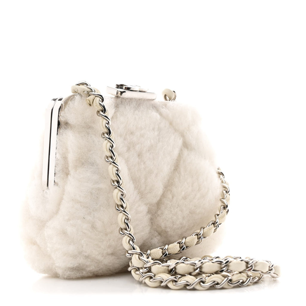 Shearling Sheepskin Lambskin Quilted Clutch With Chain White
