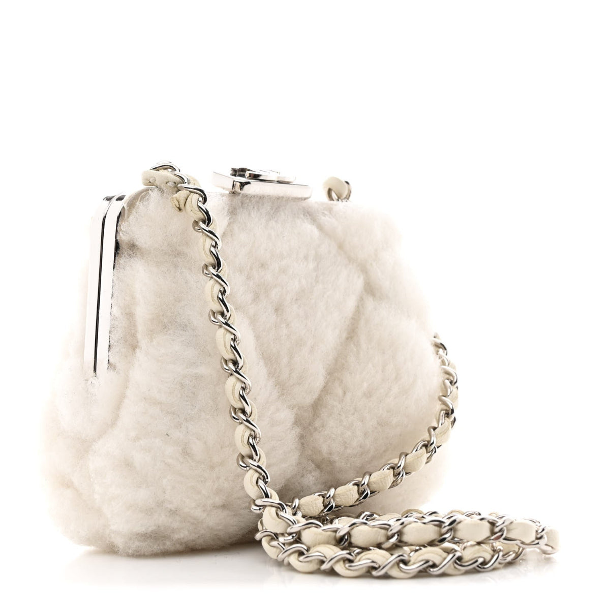 Shearling Sheepskin Lambskin Quilted Clutch With Chain White