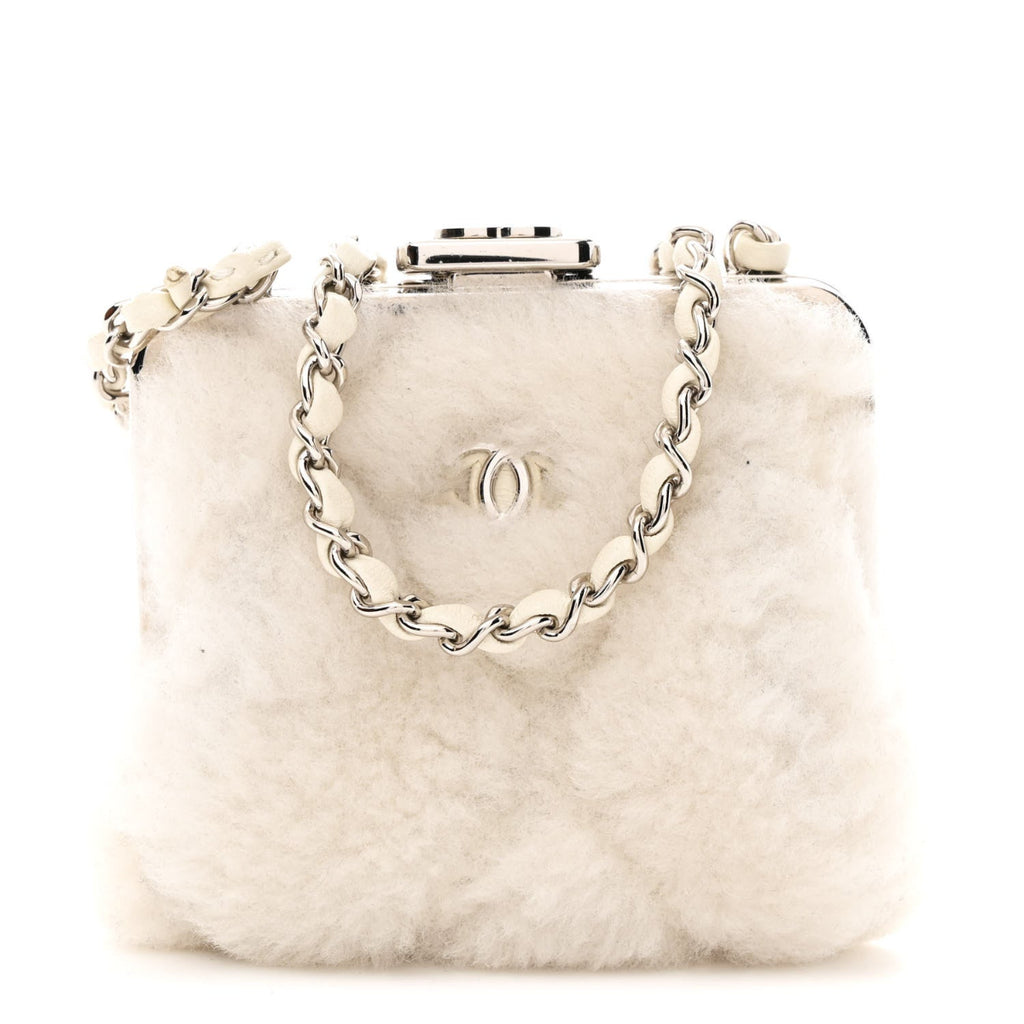 Shearling Sheepskin Lambskin Quilted Clutch With Chain White