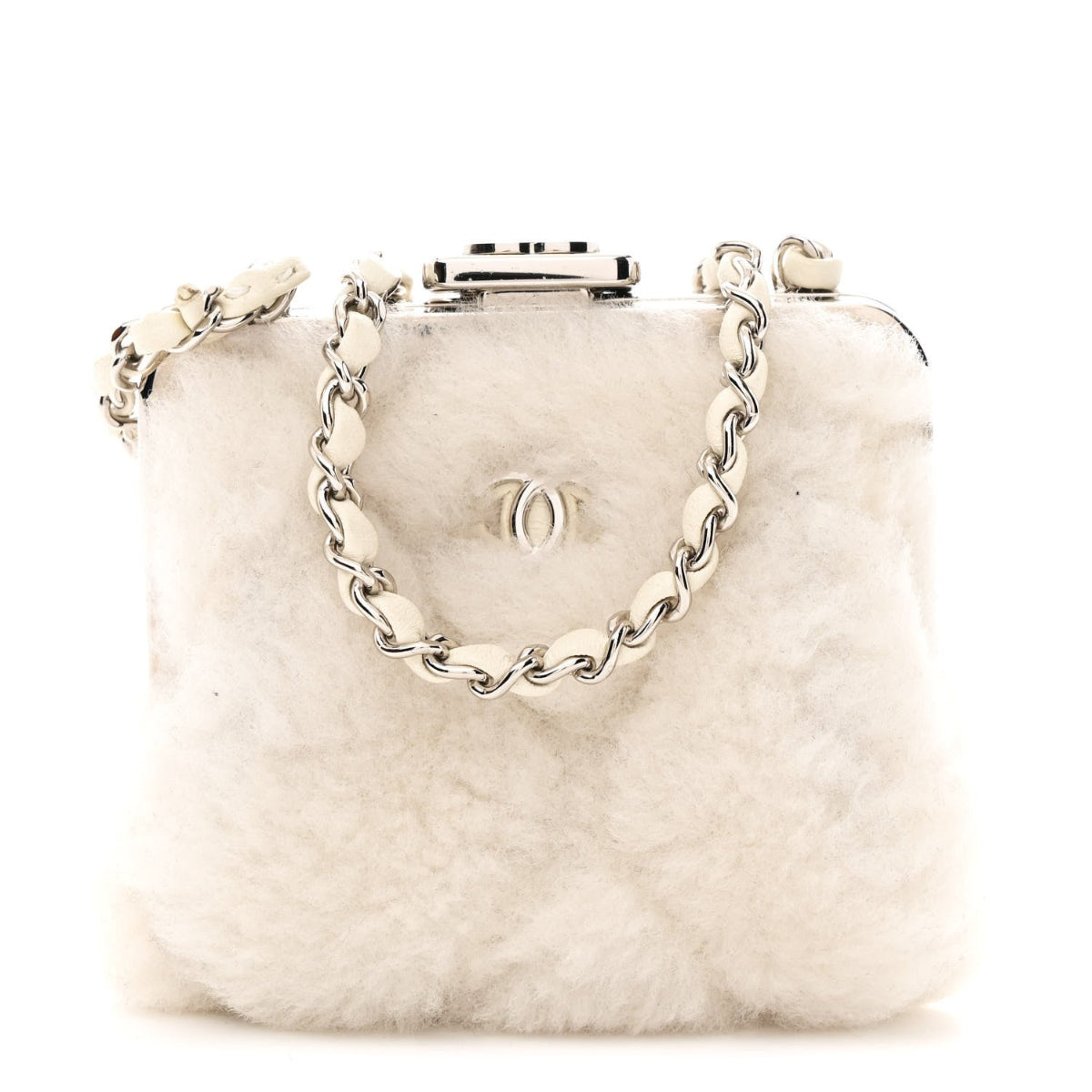 Shearling Sheepskin Lambskin Quilted Clutch With Chain White