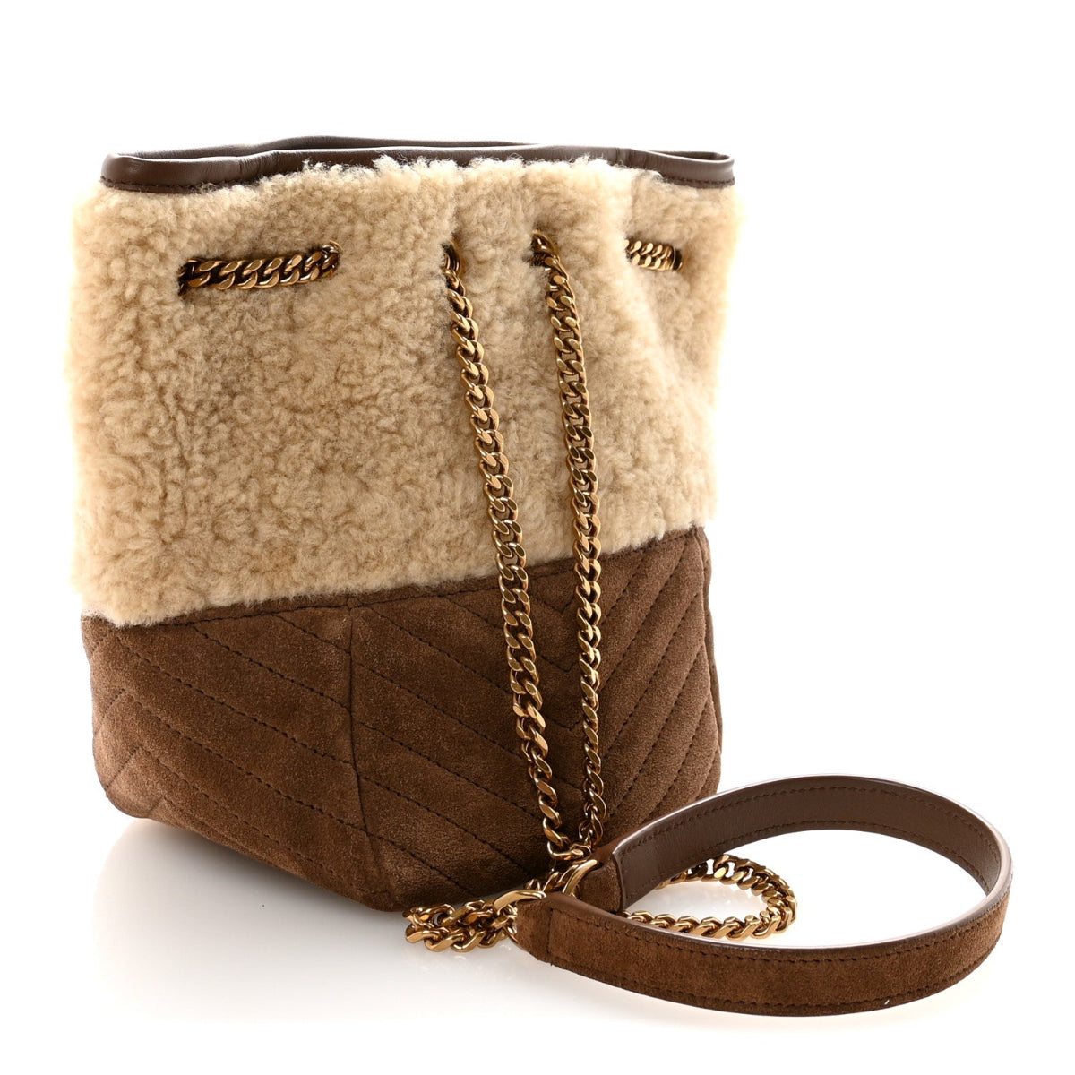 Shearling Suede Monogram Joe Nano Bucket Bag Dark Cigar Natural Beige
