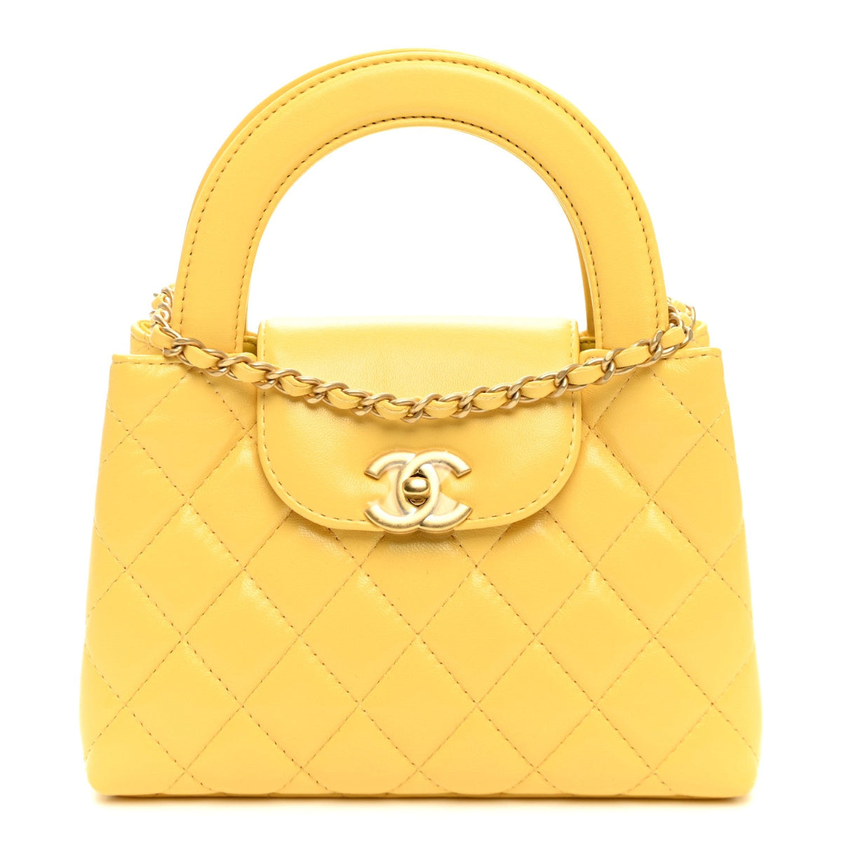 Shiny Aged Calfskin Quilted Nano Kelly Shopper Light Yellow