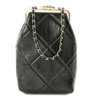 Shiny Aged Lambskin Quilted Kiss Lock Clutch With Chain Black