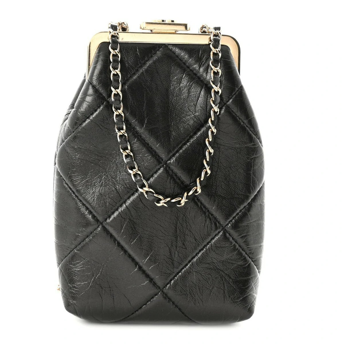 Shiny Aged Lambskin Quilted Kiss Lock Clutch With Chain Black