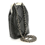 Shiny Aged Lambskin Quilted Kiss Lock Clutch With Chain Black