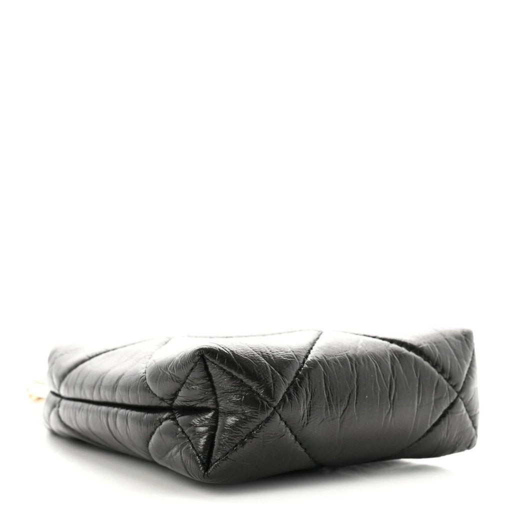 Shiny Aged Lambskin Quilted Kiss Lock Clutch With Chain Black