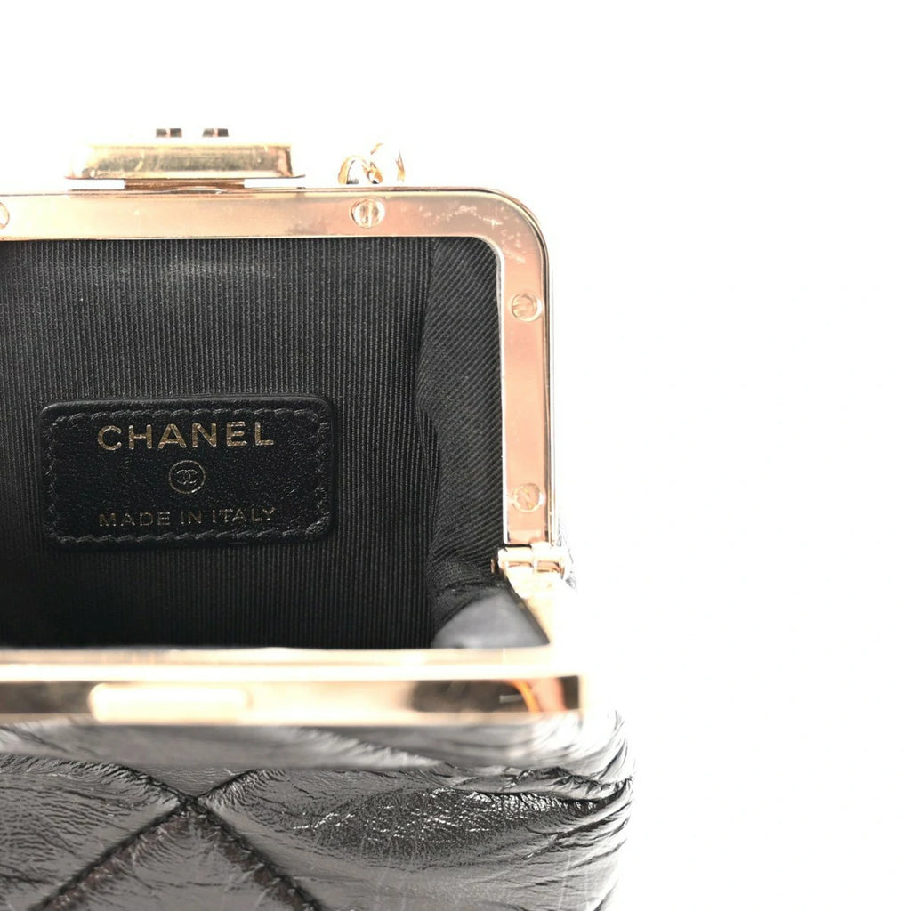 Shiny Aged Lambskin Quilted Kiss Lock Clutch With Chain Black